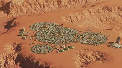 un asentamiento de investigación científica en el planeta Marte. Gran base entre el paisaje marciano