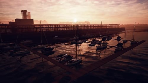 Group of Boats in Harbor at Sunset