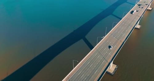 Automobile bridge with one-way multi-lane road.