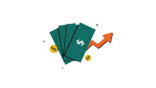 Financial Growth Animation with Flat Dollar Bills and Arrow