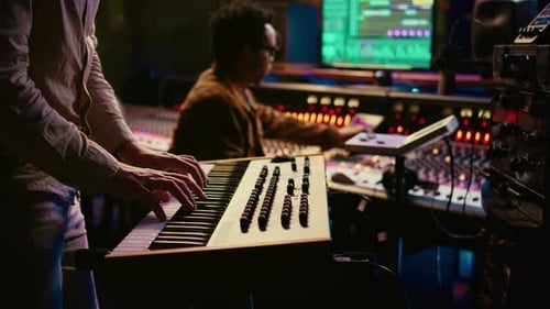 Musician Playing Piano Midi Controller in Control Room at Recording Studio