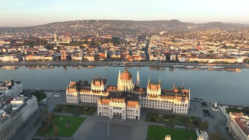 Aerial view of Budapest Parliament Building. Hungary Capital Cityscape at sunrise