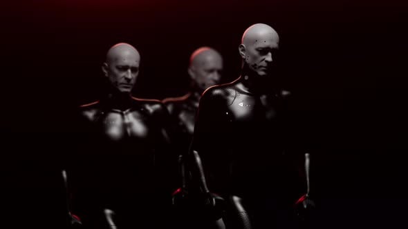 The army of the future. a group of bionic people with a confident gait ...