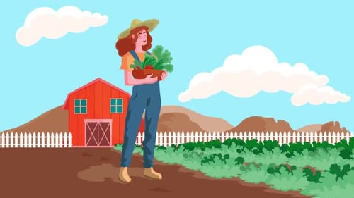 Animated Happy Farmer Holding Vegetables on a Flat Design Farm