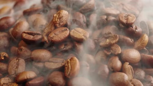Roasting Coffee Beans with Smoke on Dark Background Close Up Arabica Robusta Colombian Beans