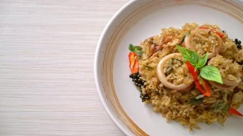 Delicious Squid Fried Rice with Basil and Chili