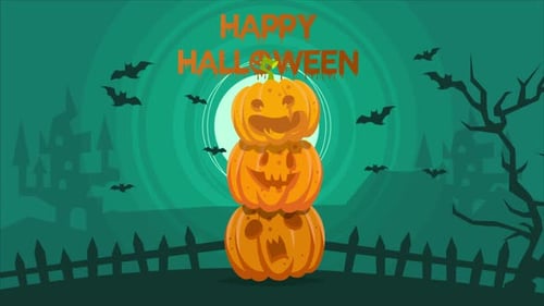 Happy Halloween Landscape with Pumpkins and Bats in the Background 4K