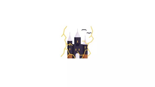 Minimalist Castle Icon with Flying Birds and Lightning Animation