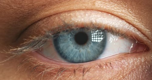 Woman face, blue color eyes and focus, vision and contact lenses to see, eyesight and awareness
