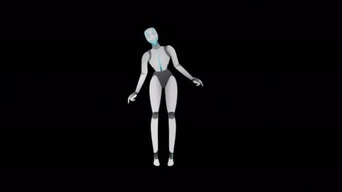 Animation oder Computergrafik einer humanoiden Roboterfrau, die direkt vor der Kamera steht und