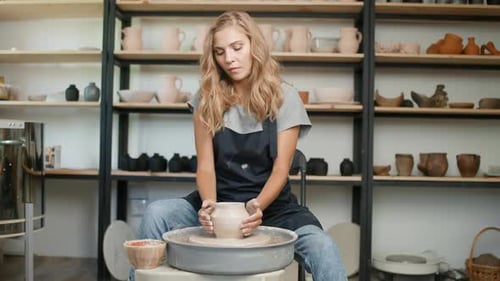 Pottery Workshop Young Woman Potter Makes a Pitcher Out of Clay Handicraft Production of Handmade