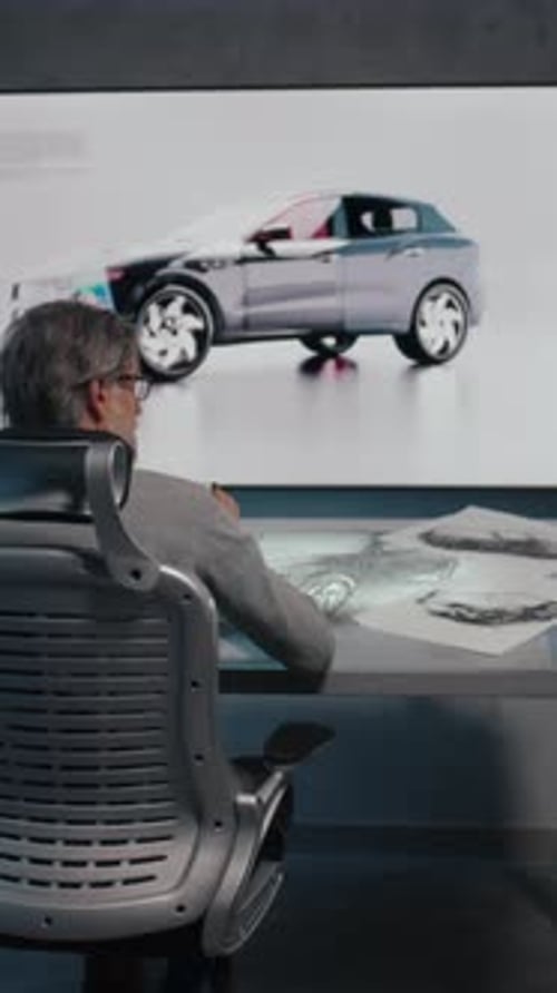 Un graphiste automobile dessine un croquis du prototype de voiture à l'aide d'un stylet