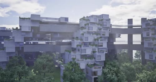 Arquitectura moderna con edificios interconectados llenos de vegetación