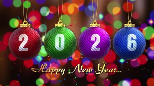 Happy New Year 2026 Countdown with Festive Ornaments and Confetti