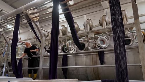 Textile Worker Inspecting Dyed Fabric in Factory