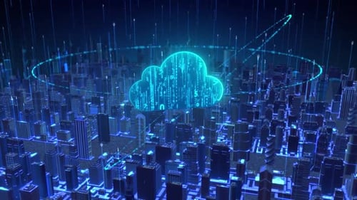Futuristic Cityscape with Digital Cloud and Data Streams