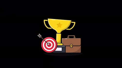 Animierte Trophäe mit Tasche und Pfeiltor. Video zum Konzept des Geschäftserfolgs — transparent