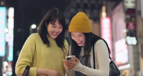 Friends, city and cellphone for social media, laughing and happy with mobile app comments