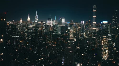Cinematic Aerial Panorama NYC Buildings Skyline Night Downtown Megapolis USA