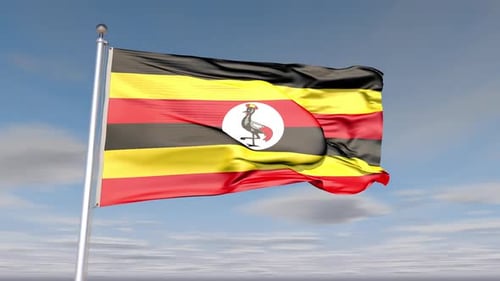 Uganda National Flag Waving Animation on Blue Sky