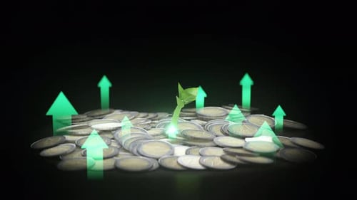 Plant growing on coins with green arrows