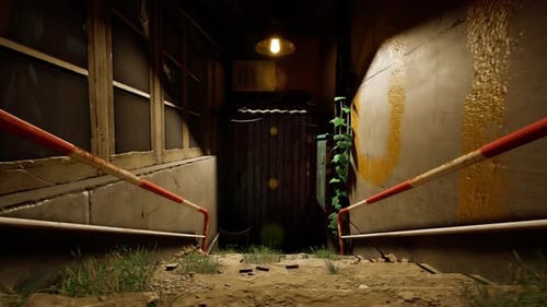 Cellar door, staircase and narrow alley in desolate dystopian city at night