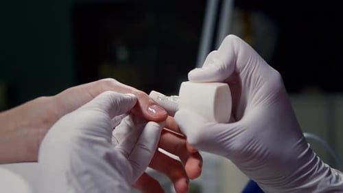 Manicurist Paints the Client's Nails with a Colorless Transparent Varnish Woman Takes Care Manicure