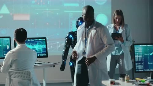 Qualified Team of Professional Robotic Engineers Perform Artificial Intelligence Testing Black