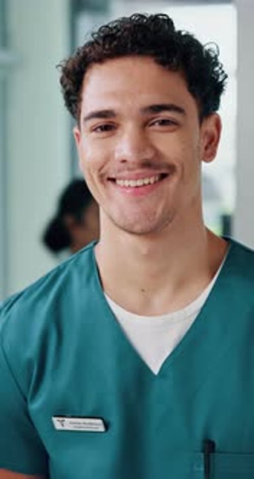 Face, medical nurse and man in hospital for service, medicine and wellness doctor