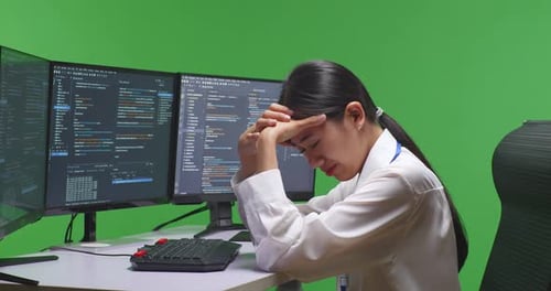 Asian Woman Developer Having Headache While Write Code With Multiple Screens In Green Screen Studio