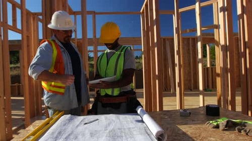 Bauarbeiter überprüfen Baupläne auf dem Tablet auf der Baustelle