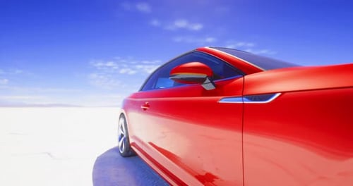 Red Sports Car Driving Across Vast Salt Flats