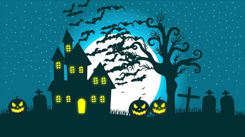Animated Halloween Night Background with Haunted House and Bats