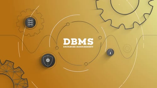 Infografik Datenbankmanagement gelber Hintergrund mit Schleife