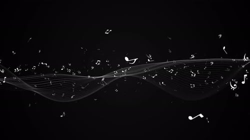 Elegantes notas musicales, fondo de evento de concierto, polvo de partículas. fondo de animación de notas musicales