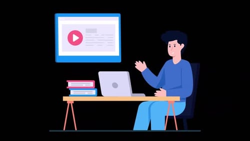 Flat Design Animation of Person Learning Online with Laptop and Books
