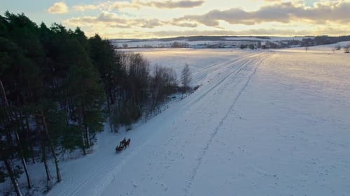Drone shot following a sleigh pulled by horses on a snow covered pathway beside a forest on a cold w