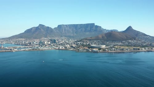 Panorama Of Cape Town With, Table Mountain, Lion's Head Mountain, And Stadium From The Ocean In Sout