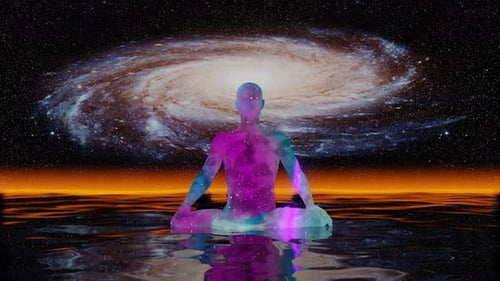 Yogi made of bright changing colors meditating on water with stars and galaxy