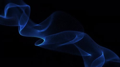 Looped, holographic, light blue neon curved wave. Sound vibrations of movement.