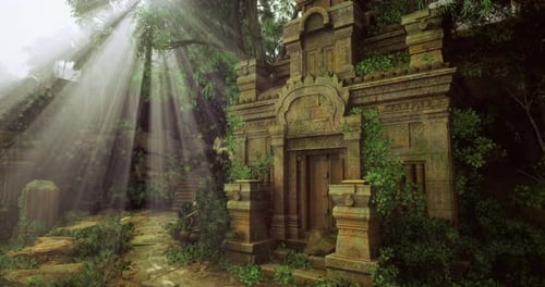 Ancient Temple Overgrown with Vegetation in a Mystical Forest at Dawn