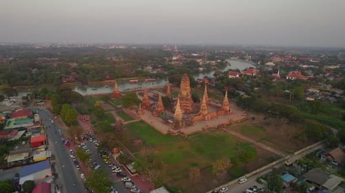 Buddhist temple ruins of Wat Chaiwatthanaram at dawn, Ayutthaya. Aerial view