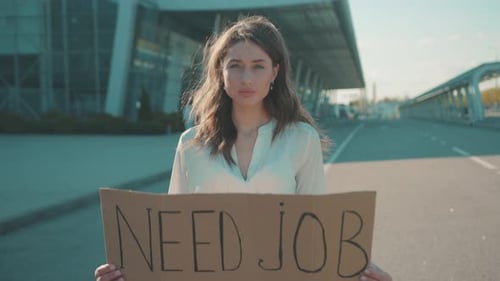 Global Unemployment Crisis 2020 Portrait Helpless Young Woman Seeking for Work Showing Invocatory