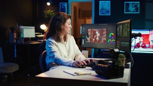 Cheerful Woman Using Mouse to Edit Movie Project Footage in Office