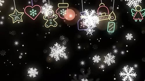 Glowing Neon Christmas Ornaments with Falling Snow Background Loop