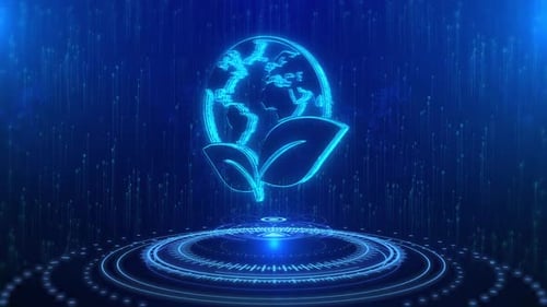 Futuristic Neon Earth Globe with Eco Leaves Digital Animation