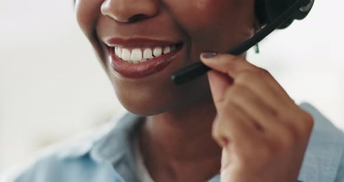 Call center, mouth or woman talking with microphone for customer service