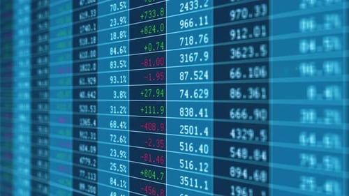Scrolling down an animated blue changing stock market ticker. Information about business, financial