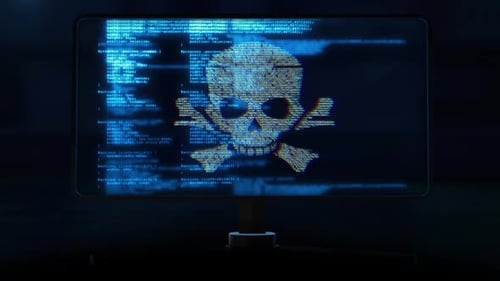 Glitching Code Skull and Crossbones on Digital Screen