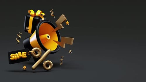 Black Friday 3D animation video loop super sale promotion with a megaphone and commercial stuff